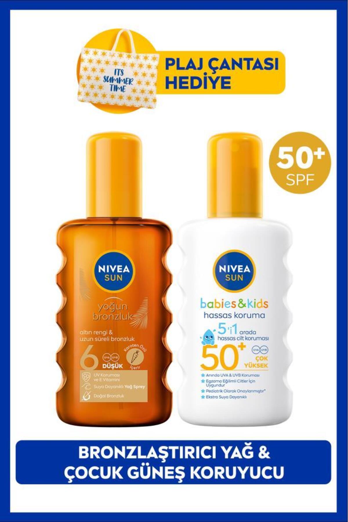 Nivea SUN SPF50 Sensitive Sunscreen Spray 200ml and Bronzing Sun Oil for Kids, Bag Gift