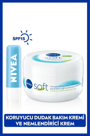 Nivea Soft Moisturizing Body Cream 300ml and Hydro Care Colorless Lip Care Cream, Lip Crack, SPF15