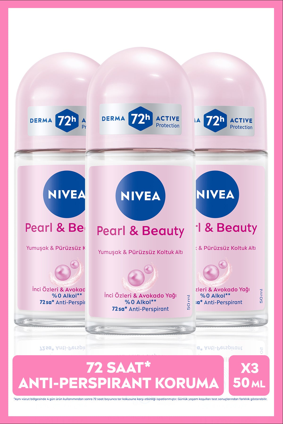 Nivea Women's Roll-on Deodorant Pearl&Beauty 50ml, 72 Hours Protection Against Sweat, Alcohol-Free, X3 Pieces