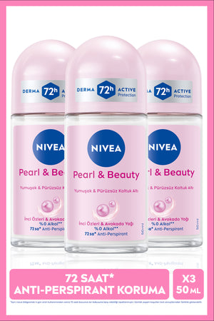 Nivea Women's Roll-on Deodorant Pearl&Beauty 50ml, 72 Hours Protection Against Sweat, Alcohol-Free, X3 Pieces