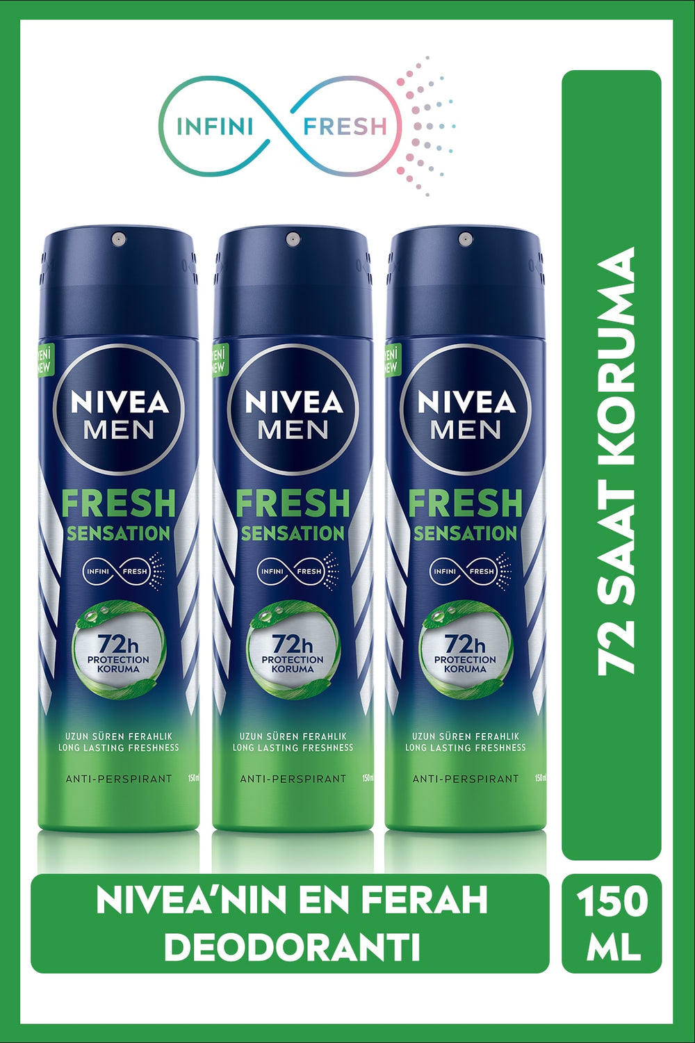 Nivea MEN Men's Spray Deodorant Fresh Sensation 150ml, 72 Hours Anti-perspirant, X3 Pieces