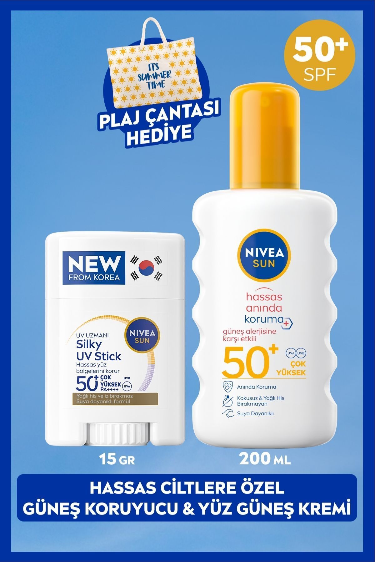 Nivea SUN SPF50+ Sensitive Sunscreen Body Spray 200ml and Korean Stick Face Cream, Beach Bag Gift