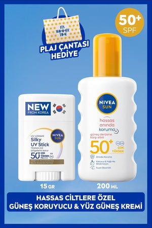 Nivea SUN SPF50+ Sensitive Sunscreen Body Spray 200ml and Korean Stick Face Cream, Beach Bag Gift