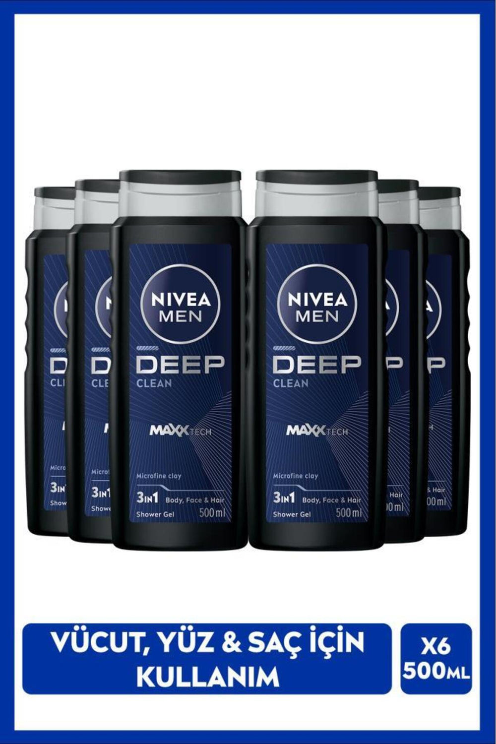 Nivea Men's Deep Dimension Bath and Shower Gel 500ml, 3 in 1 Complete Care, Body Hair and Face, X6 Pieces