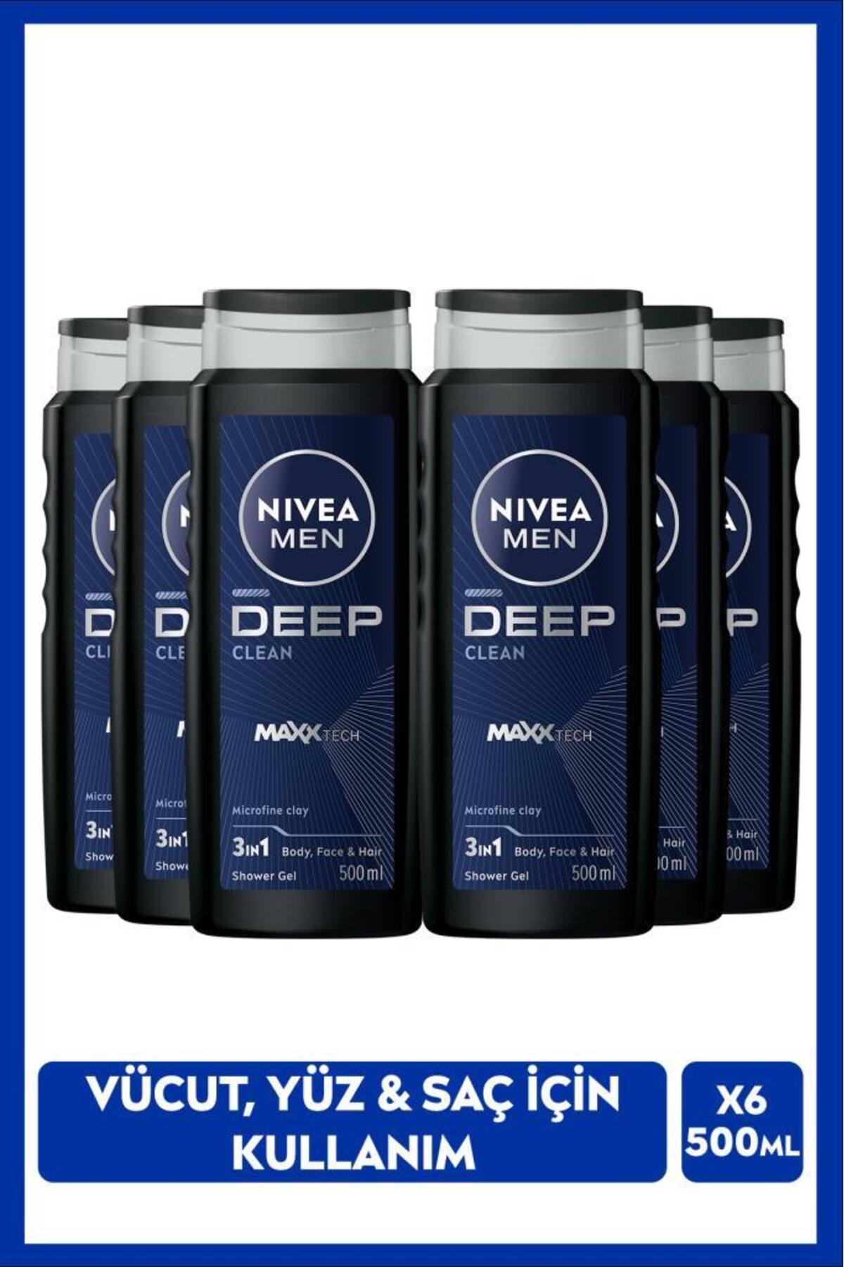 Nivea Men's Deep Dimension Bath and Shower Gel 500ml, 3 in 1 Complete Care, Body Hair and Face, X6 Pieces