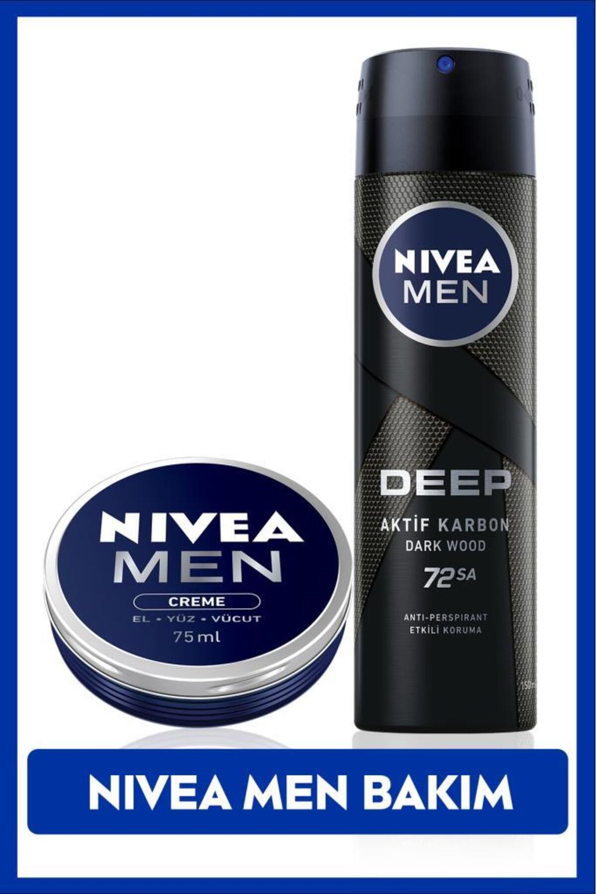Nivea MEN Men's Spray Deodorant Deep Dimension 150ml, 72 Hour Protection and Men's Care Cream 75ml