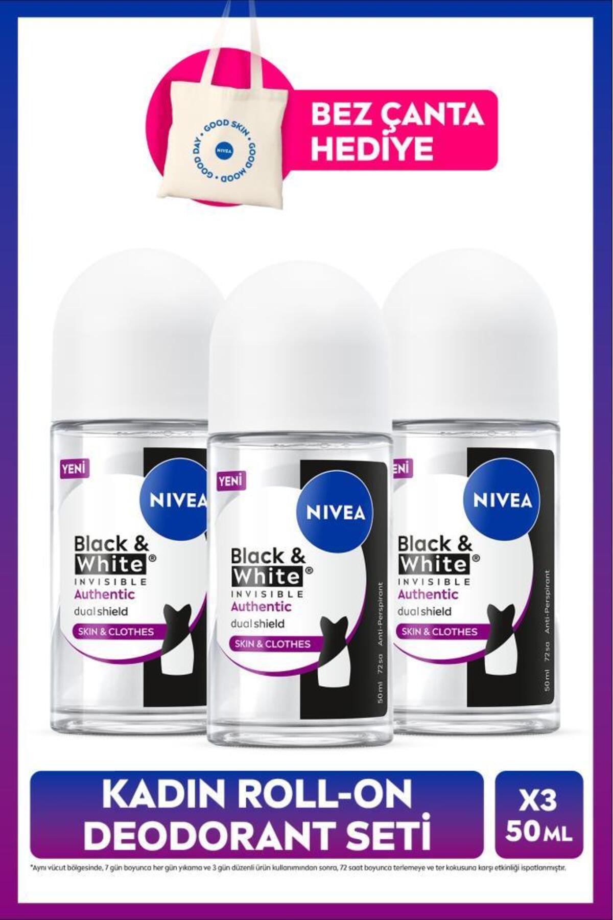 Nivea Women's Roll-on Deodorant Black&White Authentic 50ml, Anti-Sweat, Non-alcoholic, X3 Pieces, Bag Gift