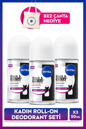 Nivea Women's Roll-on Deodorant Black&White Authentic 50ml, Anti-Sweat, Non-alcoholic, X3 Pieces, Bag Gift