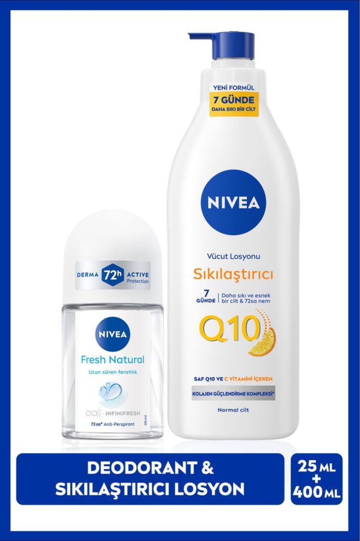 Nivea Q10 Firming Moisturizing Body Lotion 400ml and Women's Mini Roll-on Deodorant Fresh Natural 25ml