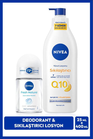 Nivea Q10 Firming Moisturizing Body Lotion 400ml and Women's Mini Roll-on Deodorant Fresh Natural 25ml