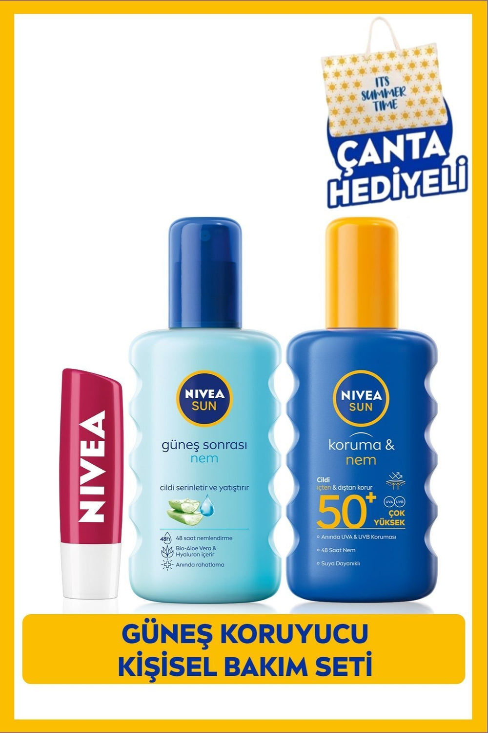 Nivea SUN SPF50+ Sunscreen Spray 200ml, After Sun Moisturizer 200ml and Lip Balm, Gift Bag