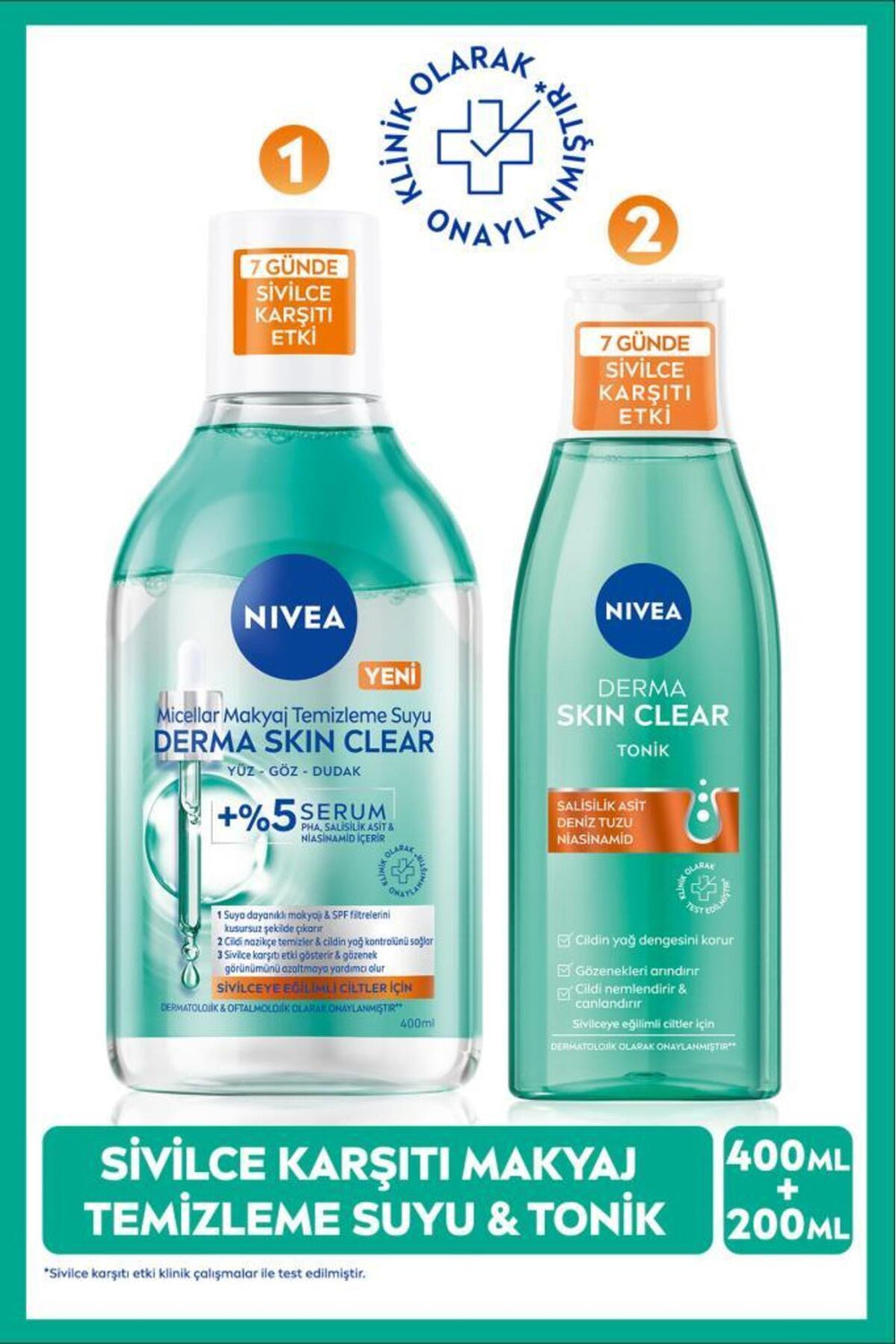 Nivea Derma Skin Clear Anti Tonic 200ml and Micellar Make-up Cleansing Water 400ml, Niacinamide, PH