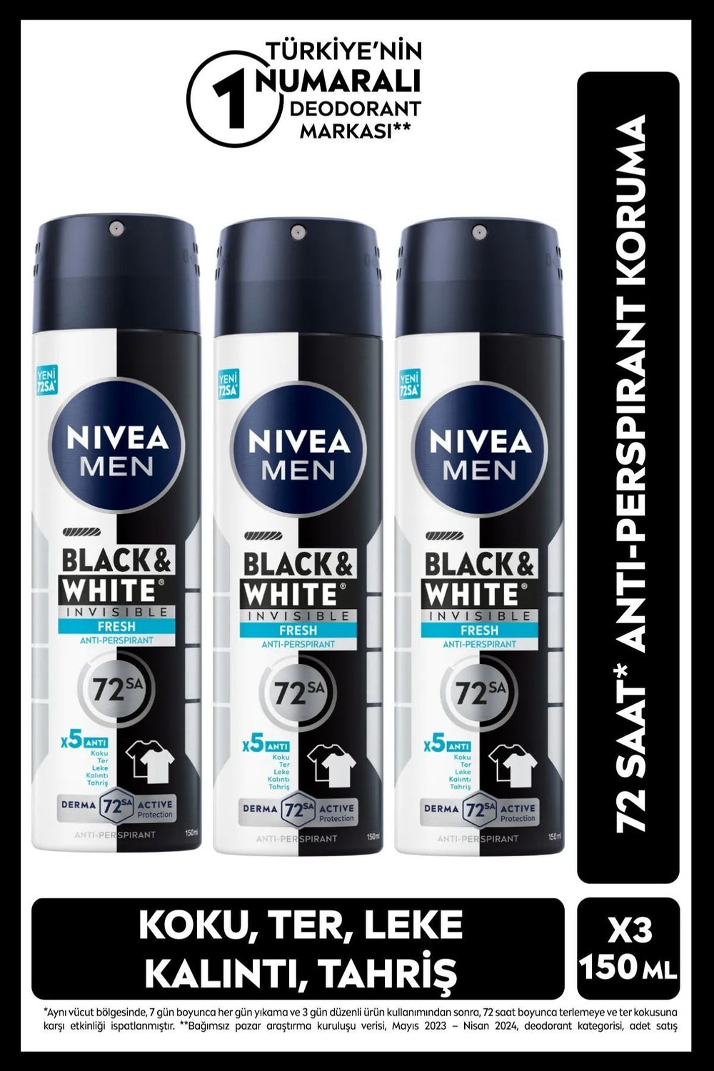 Nivea MEN Men's Spray Deodorant Black&White Invisible Fresh 150ml, Alcohol-Free, X3 Pieces