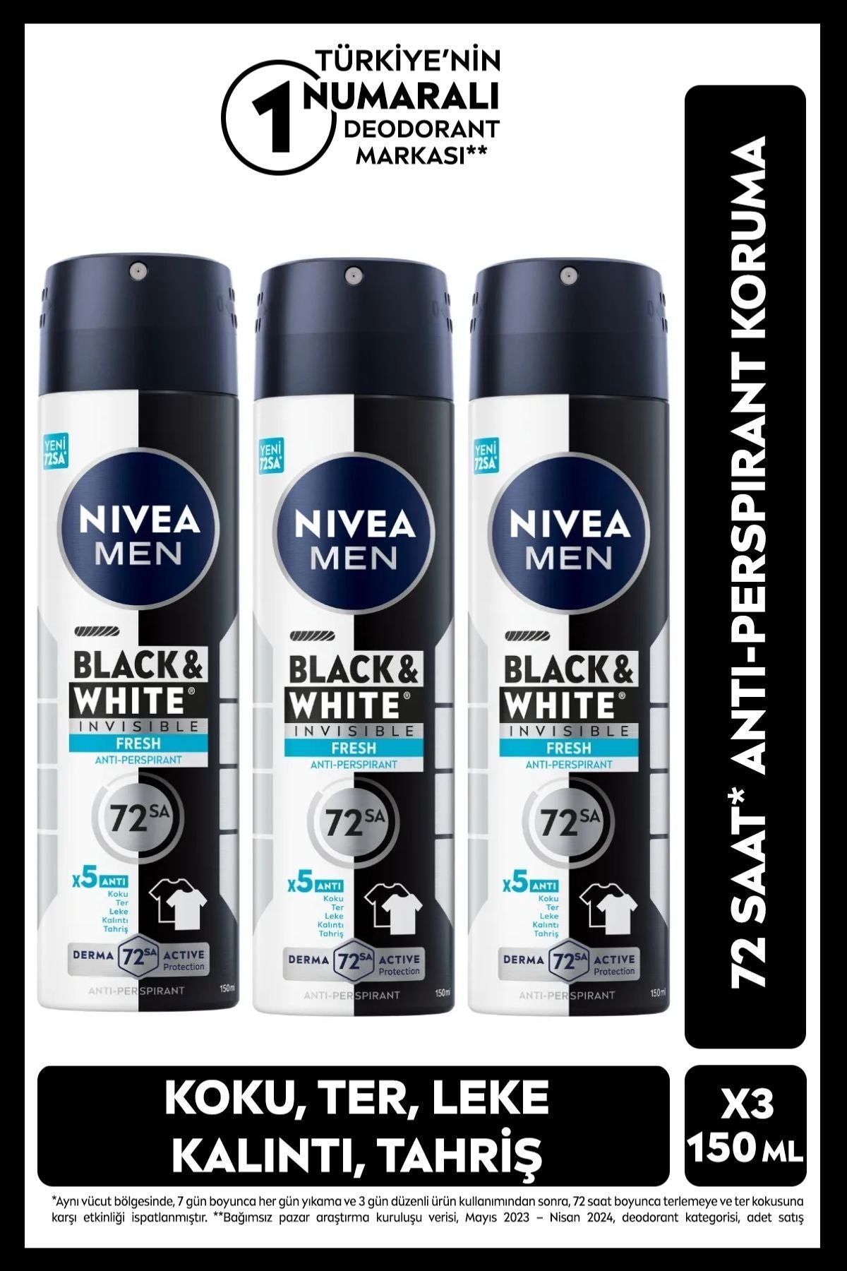 Nivea MEN Men's Spray Deodorant Black&White Invisible Fresh 150ml, Alcohol-Free, X3 Pieces