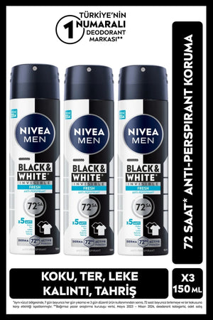 Nivea MEN Men's Spray Deodorant Black&White Invisible Fresh 150ml, Alcohol-Free, X3 Pieces