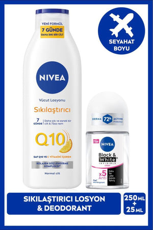 Nivea Q10 Firming Body Lotion 250ml and Women's Roll-on Deodorant Invisible Clear 25 ml, Travel Size