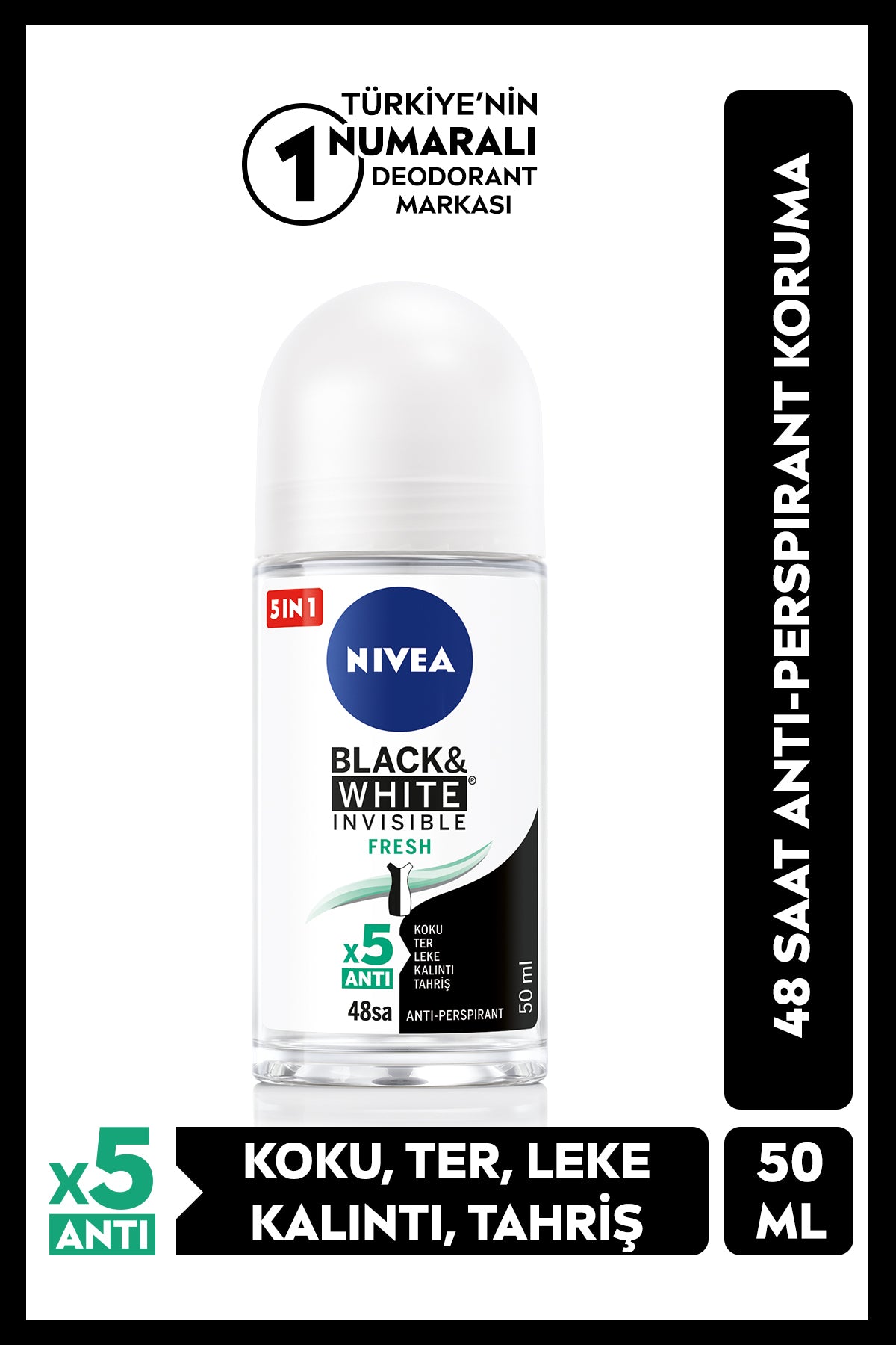 Nivea Women's Roll-on Deodorant Black&White Invisible Fresh 50ml, Anti-stain, Anti-perspirant Sweat Protection