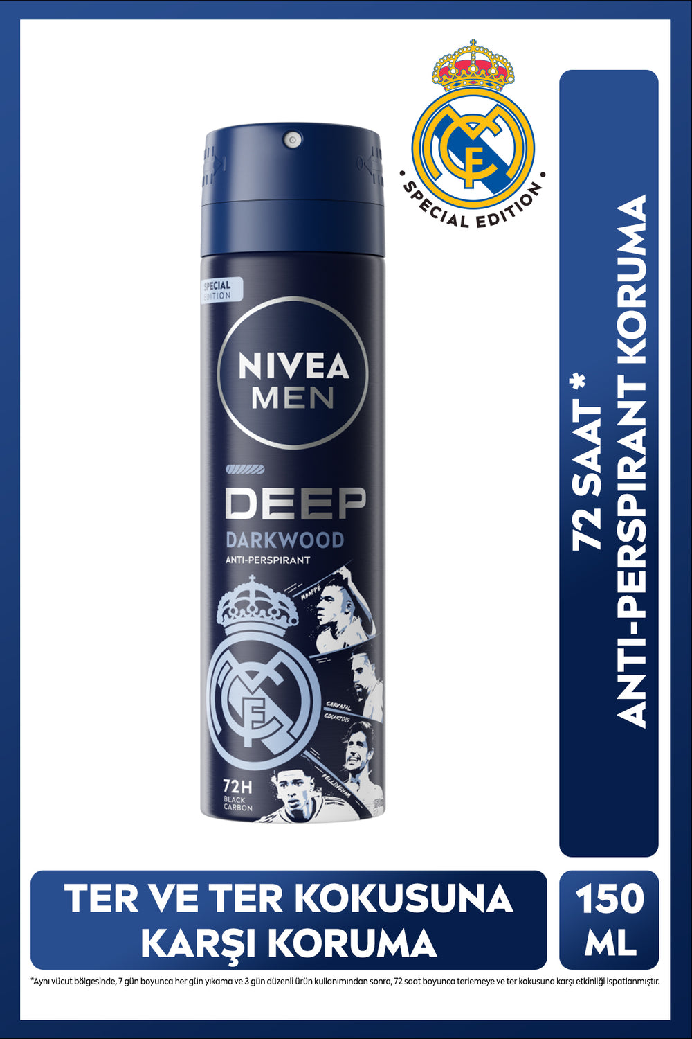 Nivea MEN Men's Spray Deodorant Deep Darkwood 150 ml, Real Madrid Special Edition, Protection Against Sweat Odor