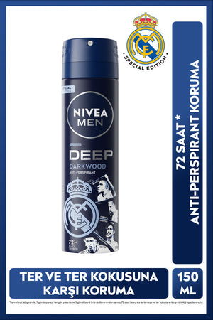 Nivea MEN Men's Spray Deodorant Deep Darkwood 150 ml, Real Madrid Special Edition, Protection Against Sweat Odor