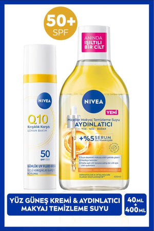 Nivea Q10 SPF50 Sunscreen Face Care Cream 40ml and Brightening Micellar Makeup Cleansing Water 400ml