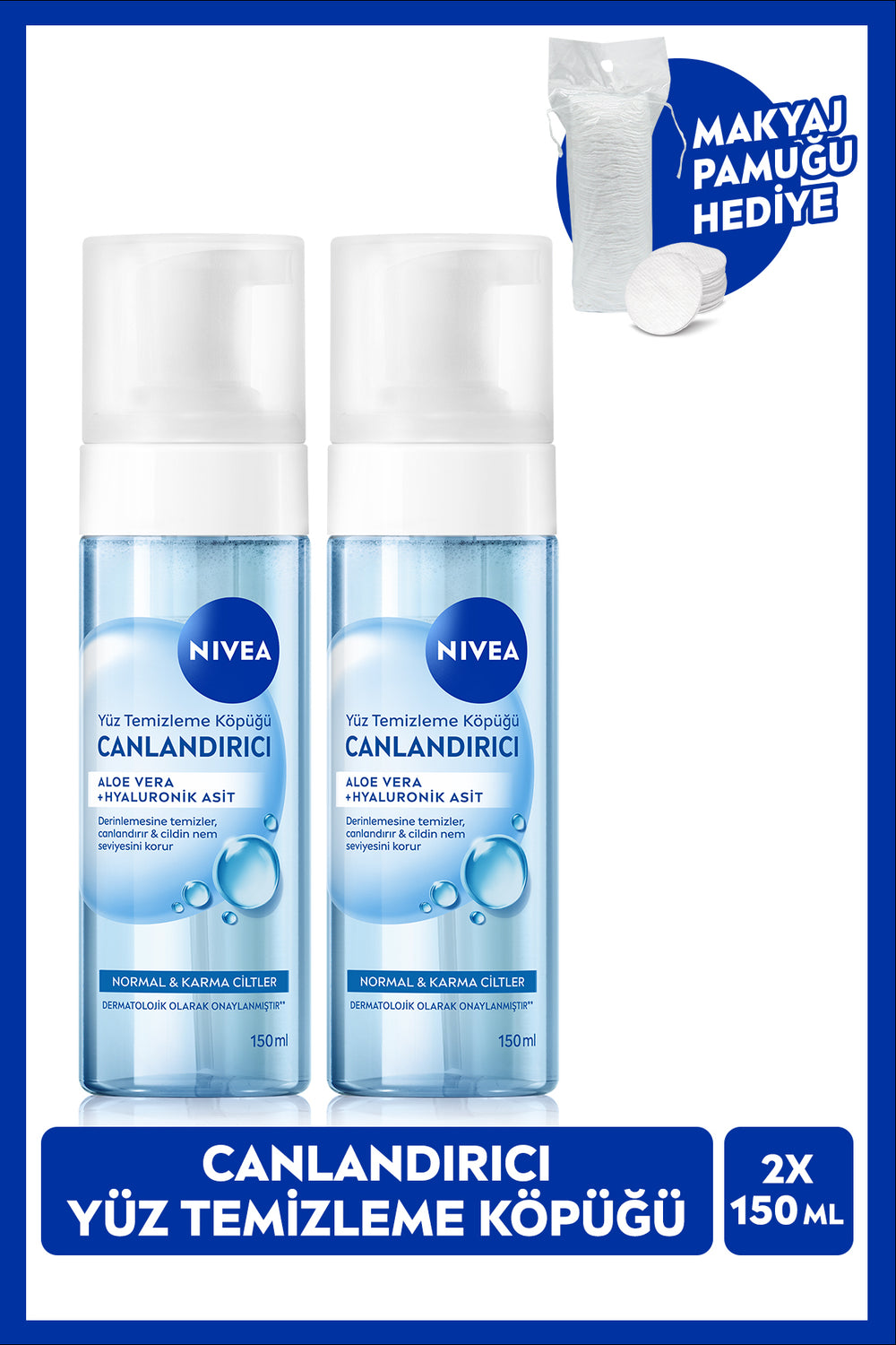 Nivea Revitalizing Facial Cleansing Foam 150ml, X2 Pieces, Normal and Combination Skin, Hyaluronic Acid, Cotton Gift