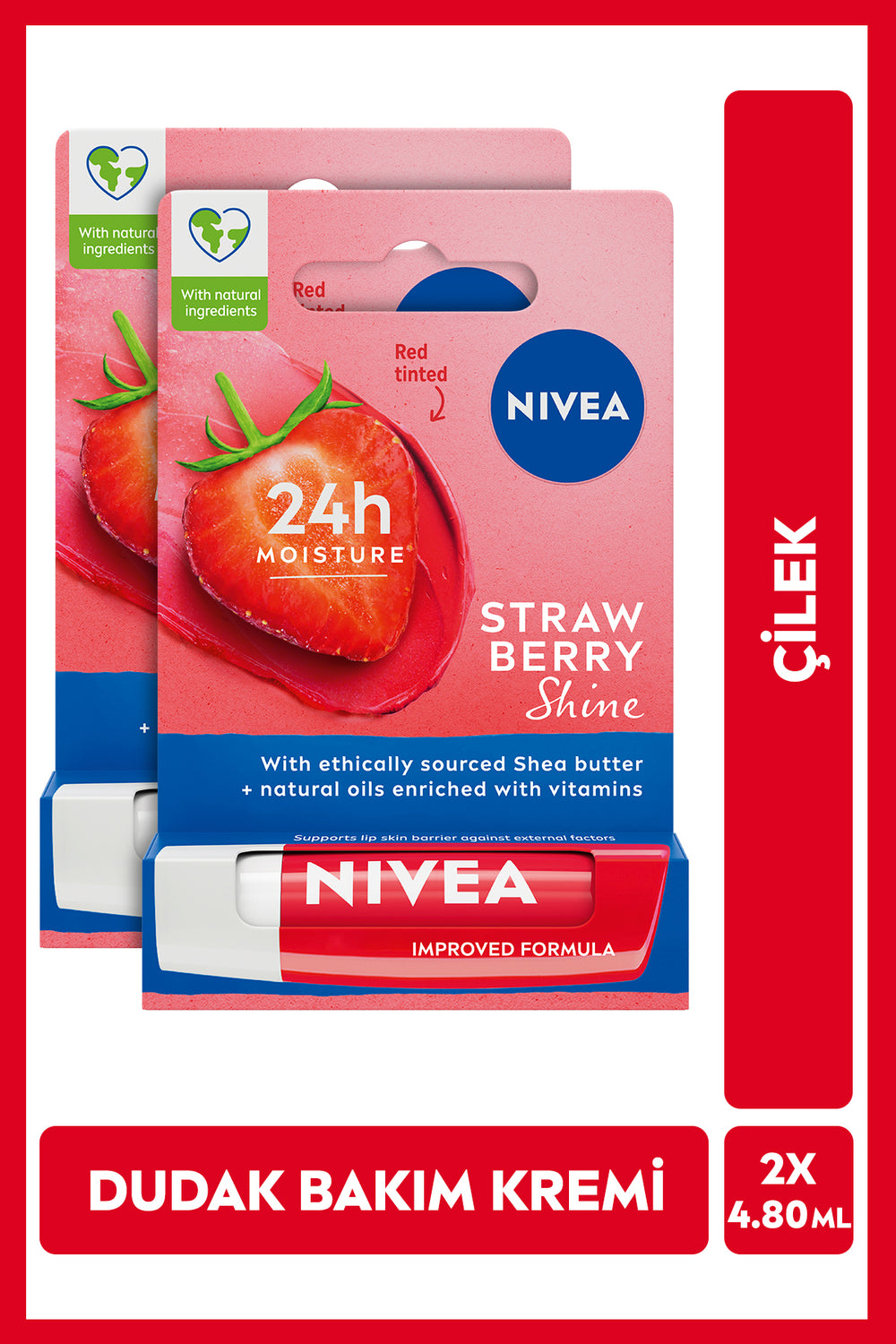 Nivea Lip Care Cream and Lip Gloss 4.8gr, Strawberry Scent, Moisturizer, Light Red Shimmer, x2pcs