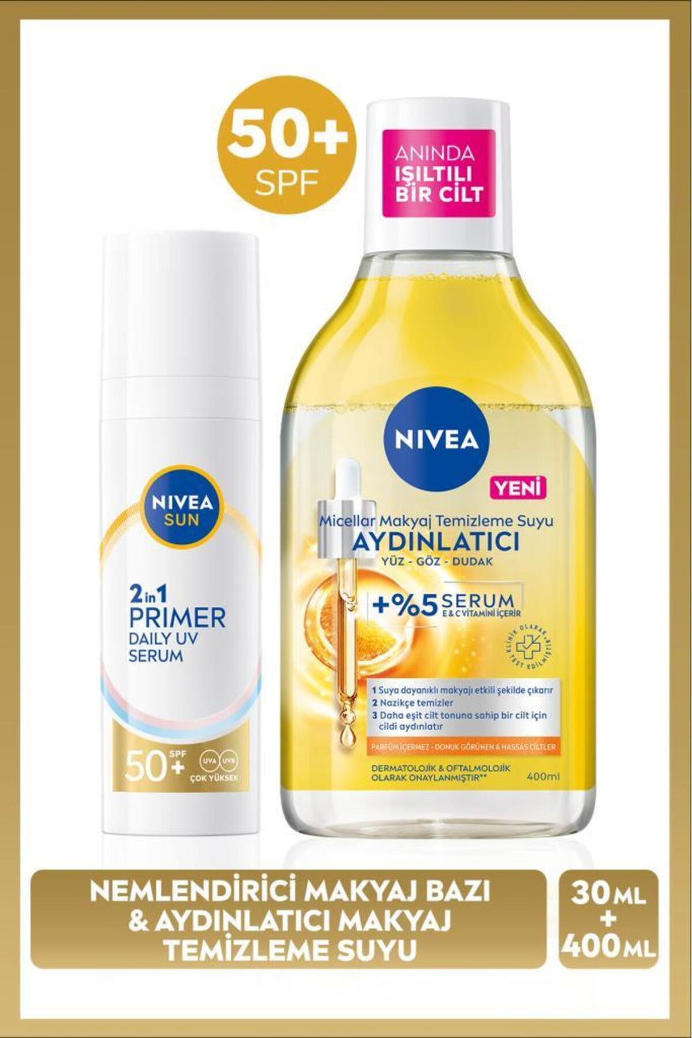 Nivea SUN SPF50 Sunscreen Primer Moisturizing Make-up Base 30ml and Micellar Make-up Cleansing Water 400ml