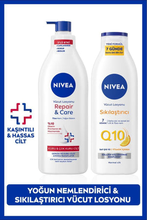 Nivea Q10 Firming Lotion 250ml and Repair&Care Moisturizing Body Lotion 400ml, Dry Skin