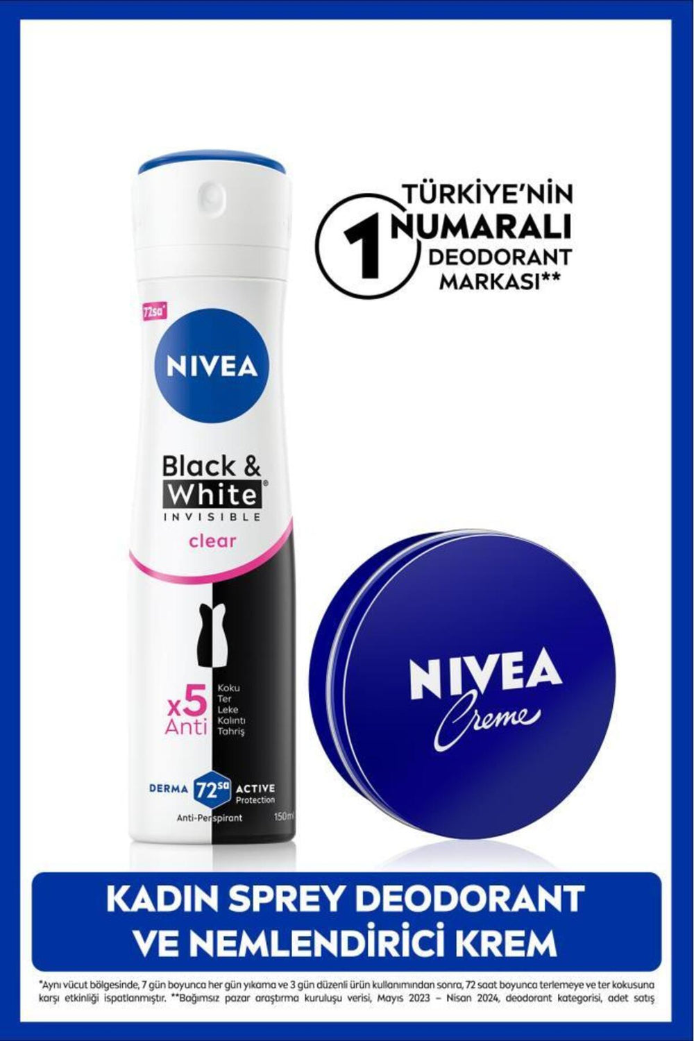 Nivea Creme Moisturizer 30ml and Women's Spray Deodorant Black&White Invisible Clear 150ml, Anti-perspirant