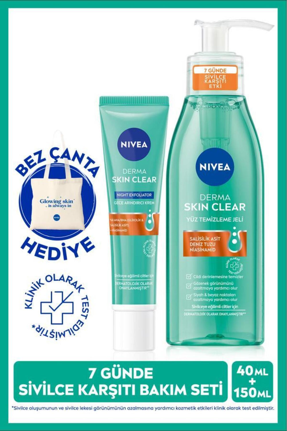 Nivea Anti-Acne Derma Skin Clear Facial Cleansing Gel 150ml and Night Purifying Cream 40ml, Gift Bag