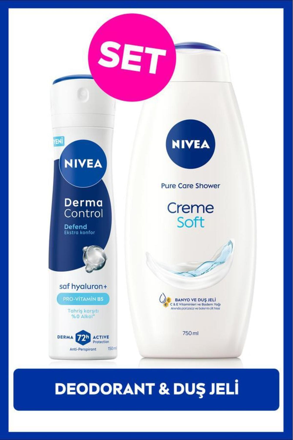 Nivea Women's Spray Deodorant Derma Control Defend150ml and Creme Soft Creamy Touch Shower Gel 750ml, Hyaluron