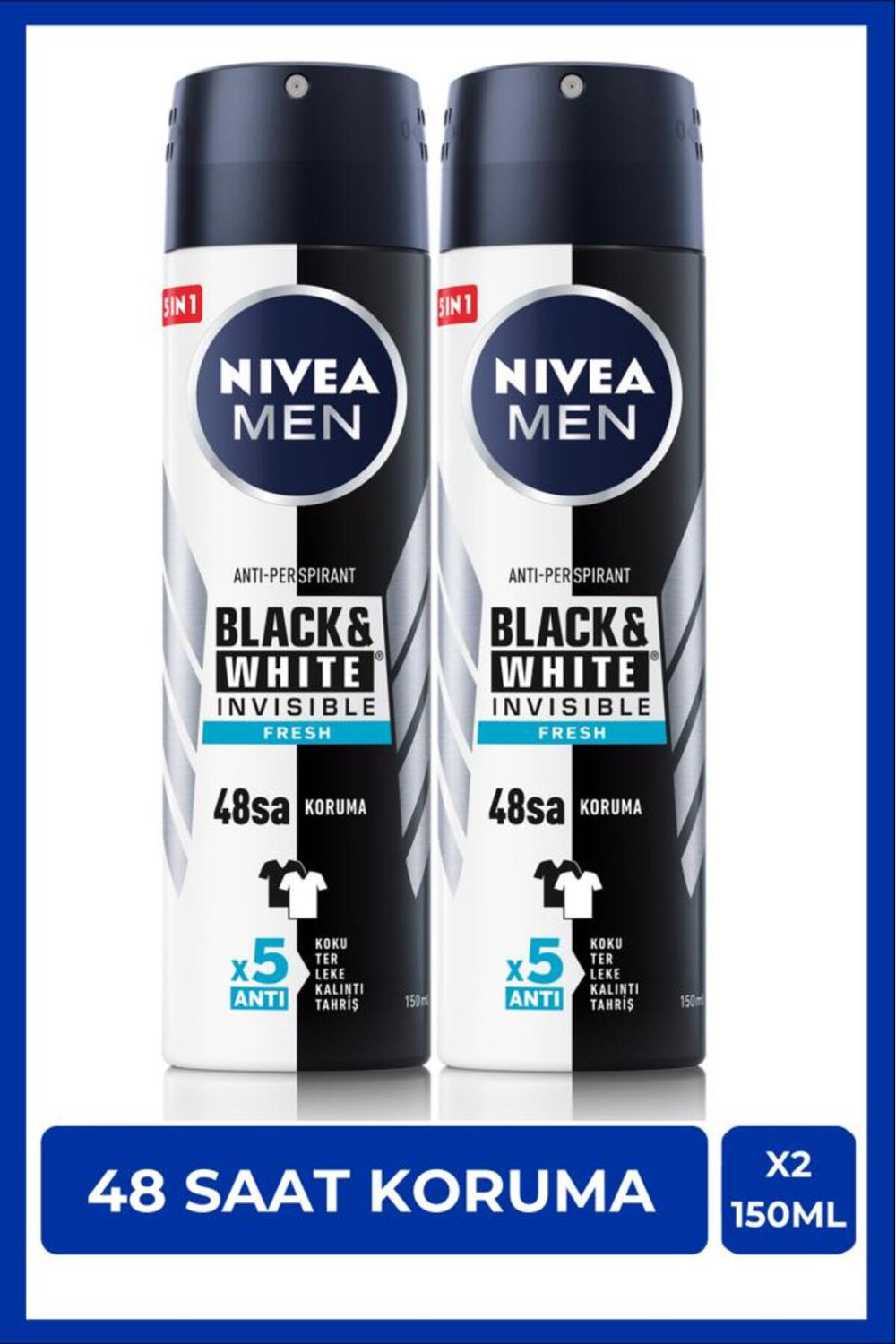 Nivea Men's Spray Deodorant Black&white Invisible Fresh 150ml, 48 Hours Anti-perspirant Protection, X2 Pieces