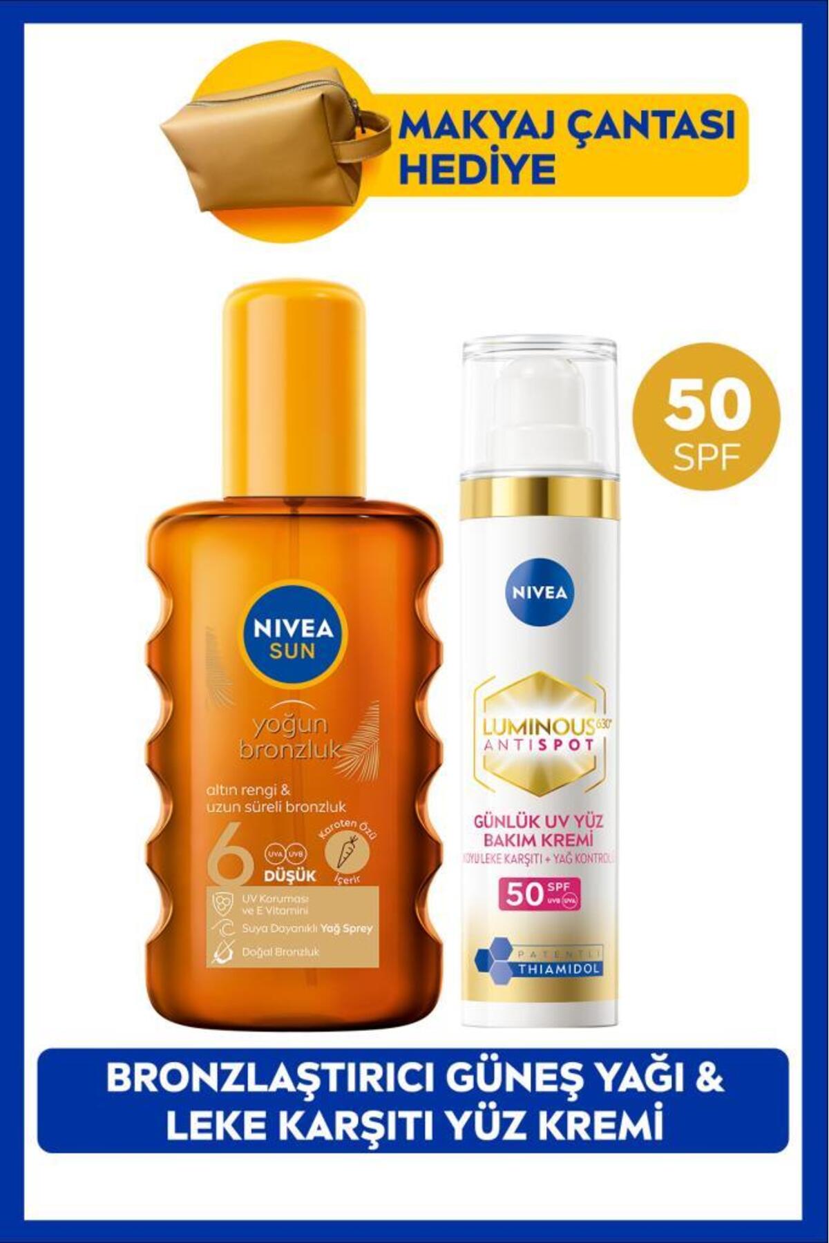 Nivea SPF50 Luminous630 Anti-Blemish Day Face Cream and Bronzing Sun Oil, Makeup Bag Gift