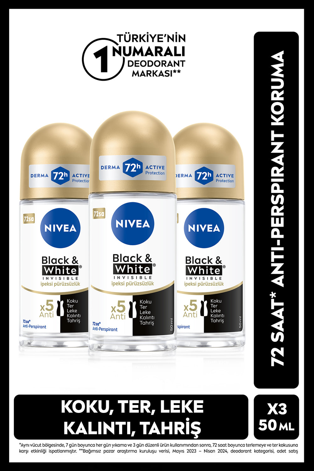 Nivea Women's Roll-on Deodorant Black&white 50ml, 72 Hours Protection Against Sweat Odor, X3 Pieces