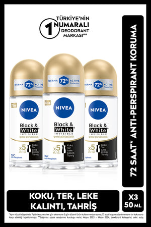 Nivea Women's Roll-on Deodorant Black&white 50ml, 72 Hours Protection Against Sweat Odor, X3 Pieces