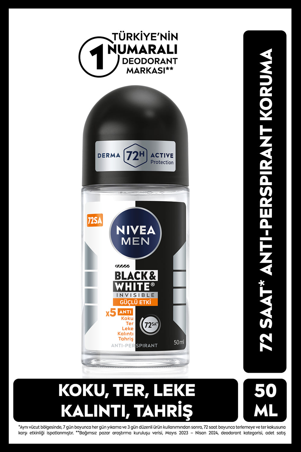 Nivea MEN Men's Roll On Deodorant Black&White Invisible Strong Effect 50 ml, Protection Against Sweat and Sweat Odor