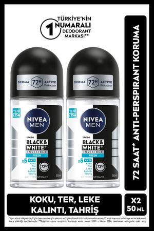 Nivea MEN Men's Roll-on Deodorant Black&White Invisible Fresh 50ml, 72 Hours Anti-perspirant Protection, X2pcs