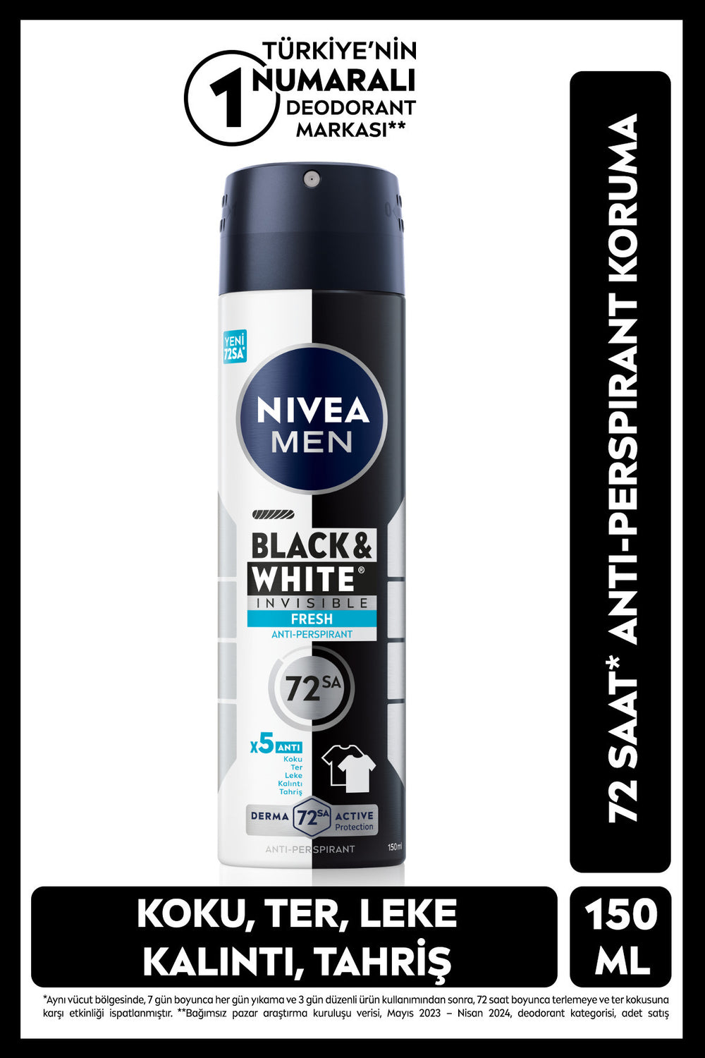 Nivea MEN Men's Spray Deodorant Black&white Invisible Fresh 150ml, 72 Hours Anti-Perspirant Sweat Protection