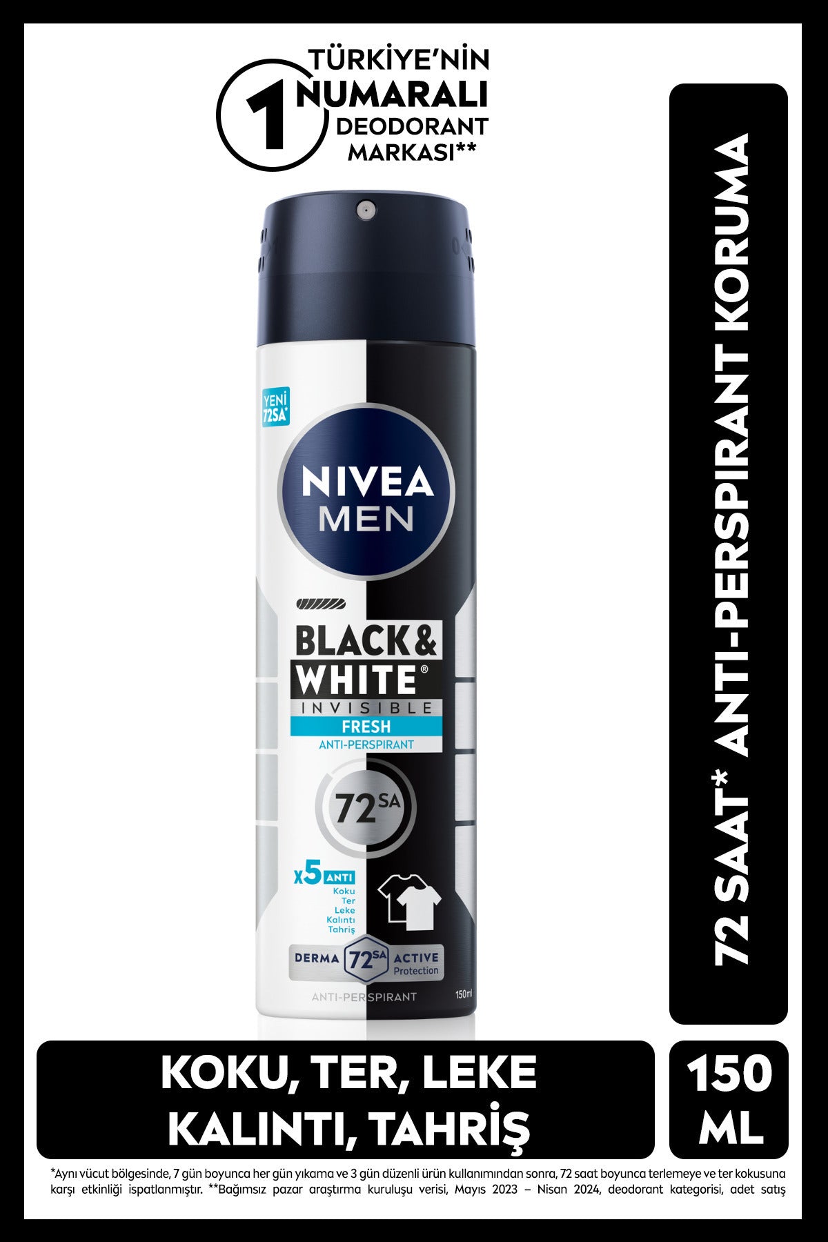 Nivea MEN Men's Spray Deodorant Black&white Invisible Fresh 150ml, 72 Hours Anti-Perspirant Sweat Protection
