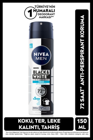 Nivea MEN Men's Spray Deodorant Black&white Invisible Fresh 150ml, 72 Hours Anti-Perspirant Sweat Protection
