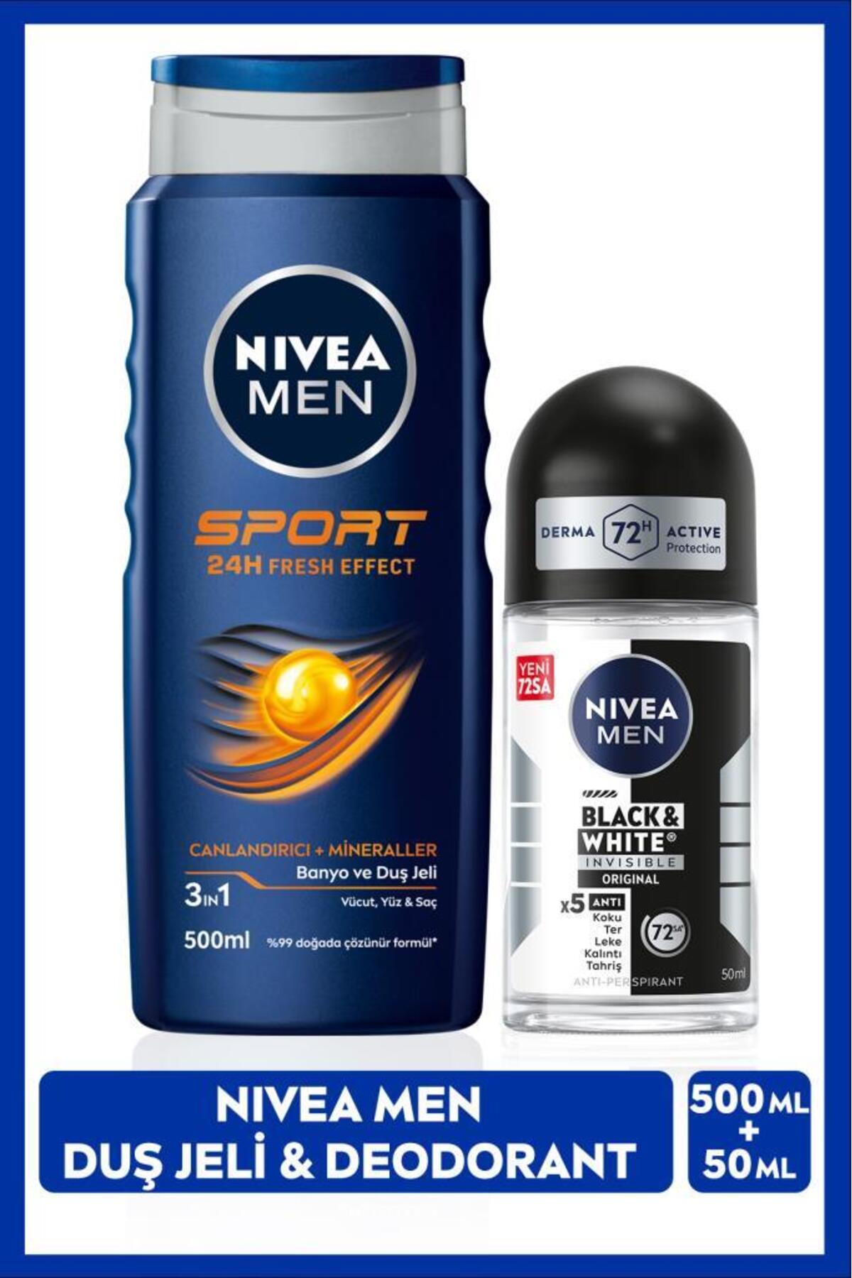 Nivea Men's Bath and Shower Gel Sport 500ml and Black & White Invisible Original Roll-on Deodorant 50ml