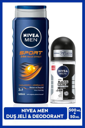 Nivea Men's Bath and Shower Gel Sport 500ml and Black & White Invisible Original Roll-on Deodorant 50ml