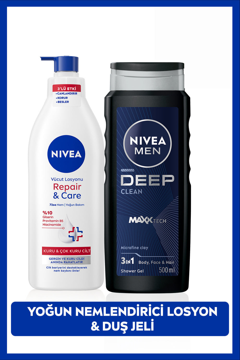 Nivea MEN Men's Deep Clean Shower Gel 500ml and Repair Care Moisturizing Body Care Lotion 400ml