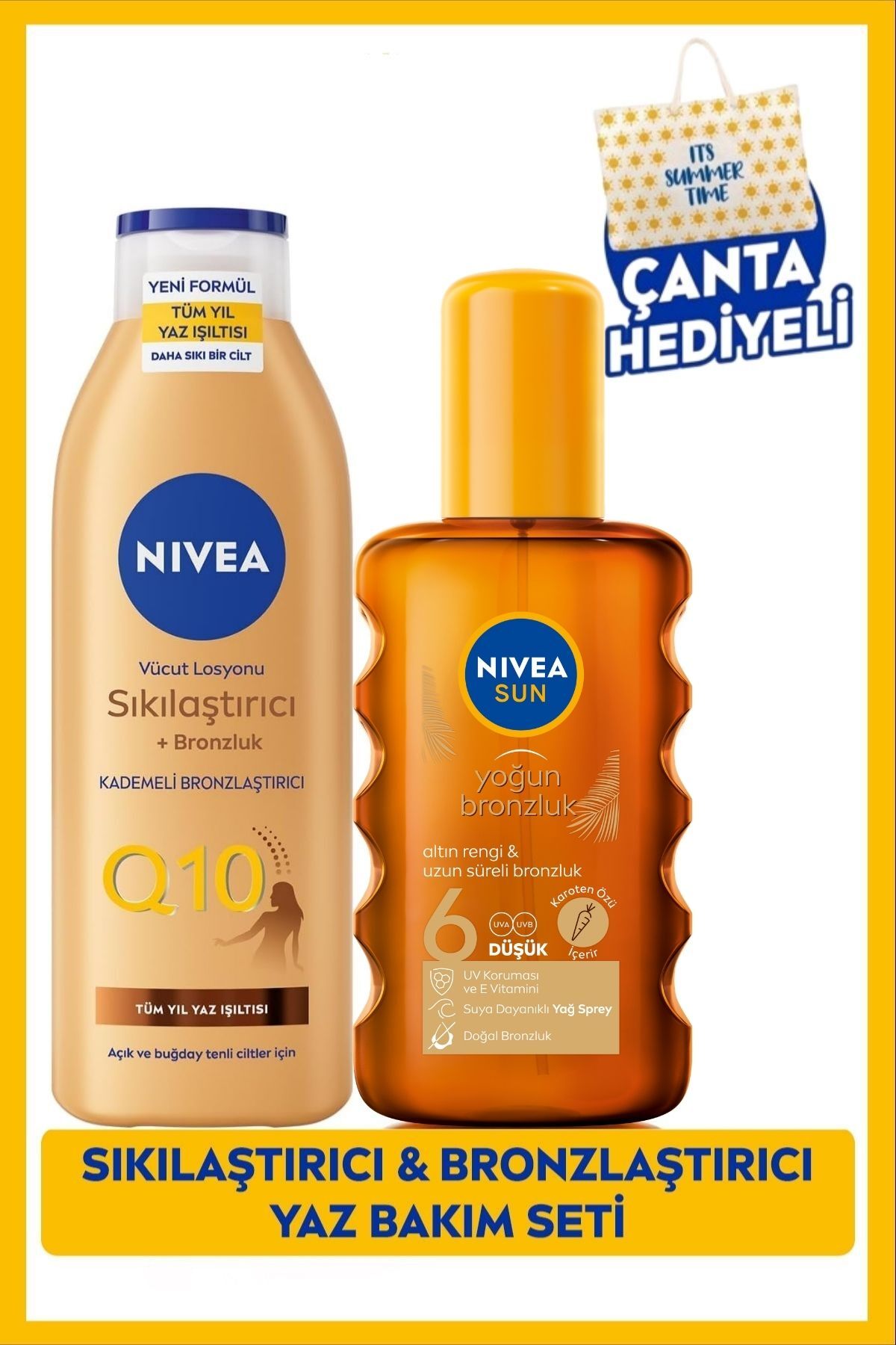 Nivea SUN SPF6 Bronzing Sun Oil 200ml And Q10 Firming Tan Body Lotion, Bag Gift