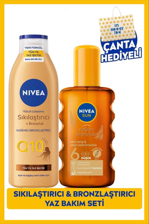 Nivea SUN SPF6 Bronzing Sun Oil 200ml And Q10 Firming Tan Body Lotion, Bag Gift
