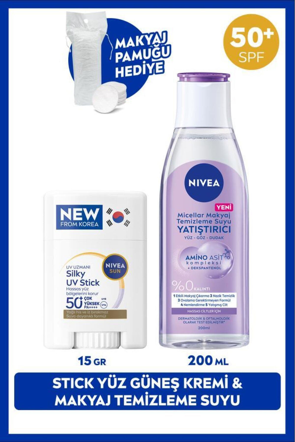 Nivea SUN SPF50 Sunscreen Stick Face Cream and Soothing Make-up Cleansing Water 200ml, Cotton Gift