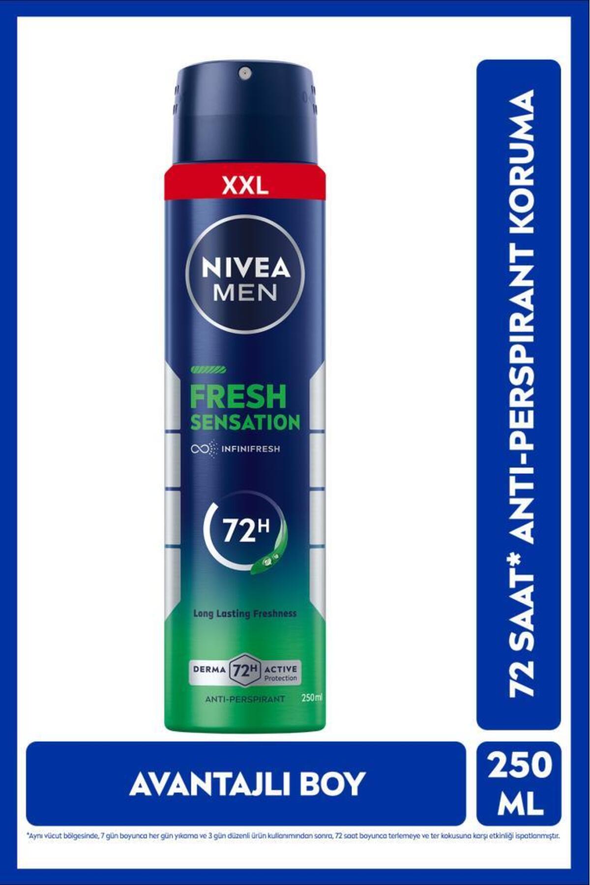 Nivea MEN Men's Spray Deodorant Fresh Sensation 250ml, 72 Hours Anti-perspirant Sweat Protection, Advantageous Size