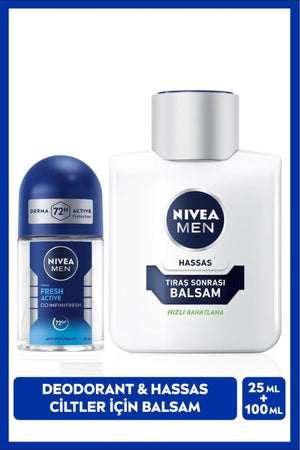 Nivea MEN Men's After Shave Balm for Sensitive Skin 100ml and Mini Roll-on Deodorant Fresh Active25ml