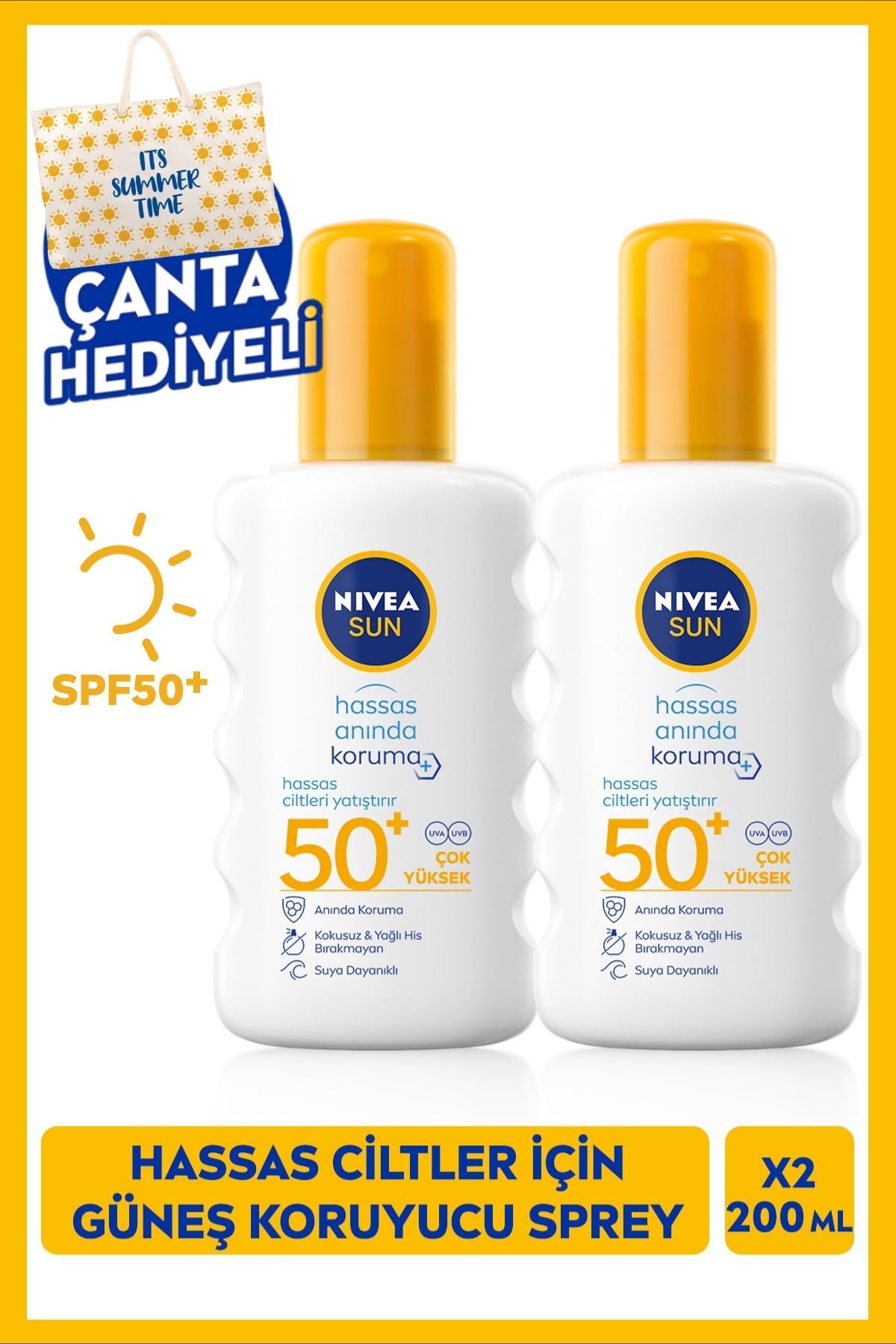 Nivea SUN SPF50 High Sun Protection Spray for Sensitive Skin 200ml, X2pcs, Soothing, Gift Bag