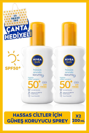 Nivea SUN SPF50 High Sun Protection Spray for Sensitive Skin 200ml, X2pcs, Soothing, Gift Bag
